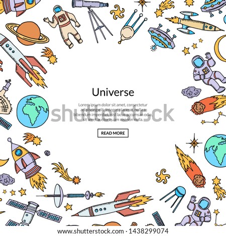 hand drawn space elements rocket and planet background with place for text illustration