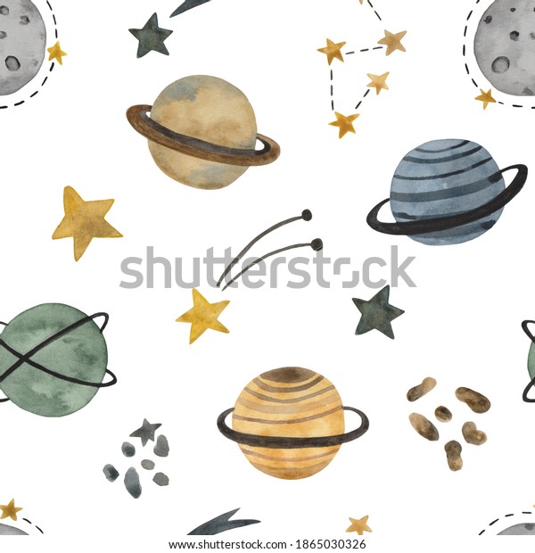 Seamless pattern of hand drawn outer space wall mural. Space watercolor illustration. Space background for children with planets, comets and stars. Perfect for wallpaper, for walls. 