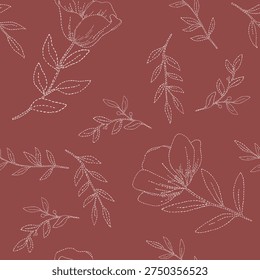 Hand drawn stitch floral pattern. Abstract flower for textile, greeting card, packaging design, invitation card, wallpaper. Beautiful dress, blouse, shirt-apparel print. Seamless pattern with dark background. All over print.