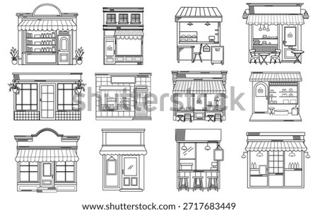 hand drawn store front facade vintage set front line illustrations set element