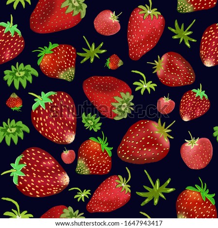 Hand drawn strawberries seamless pattern on black. Forest or garden strawberry drawing. For wallpaper, cover, print, textile, dessert menu. Fragaria handrawn illustration.