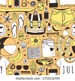 Hand drawn summer seamless pattern. Yellow tropical background. Artistic doddle drawing. Creative ink art work. Fashion illustration season objects