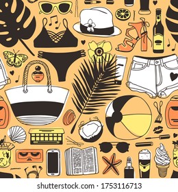 Hand drawn summer seamless pattern. Yellow tropical background. Artistic doddle drawing. Creative ink art work. Fashion illustration season objects