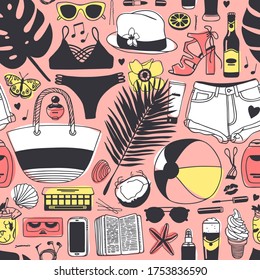 Hand drawn summer seamless pattern. Tropical background. Artistic doddle drawing. Creative ink art work. Fashion illustration objects