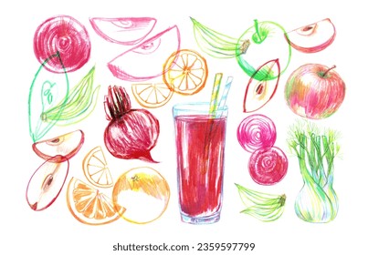 Hand drawn summer smoothie recipe illustration, glass and ingredients poster, beach bar menu. Healthy food and drink, vegetable fruit detox. Beet, fennel, orange, apple, whole, half, slice, juicer. - Powered by Shutterstock