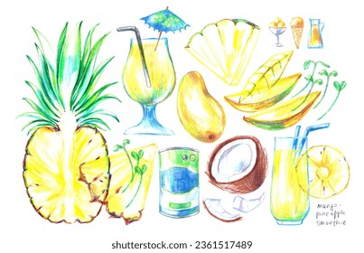 Hand drawn summer smoothie recipe illustration, glass and ingredients poster, beach bar menu. Food and drink, healthy tropical fruit detox. Mango, pineapple, passion fruit, coconut half and slice. - Powered by Shutterstock