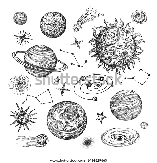 Hand drawn sun,\
planets, stars, comet, asteroid, galaxy. Vintage astronomical\
illustration in engraving style. Planet and comet, moon and sun,\
galaxy and asteroid