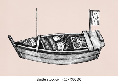 Hand Drawn Sushi Boat