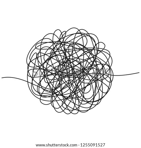 Hand drawn tangle of tangled thread. Sketch spherical abstract scribble shape. Chaotic black line doodle. illustration isolated on white background