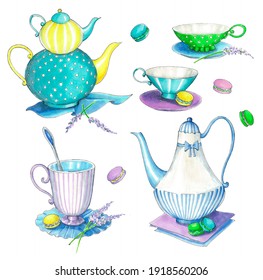 Hand drawn tea time set. Teapots, cups and macarons isolated on a white background. Illusration for postcards, sticker labels, scrapbooking. - Shutterstock ID 1918560206