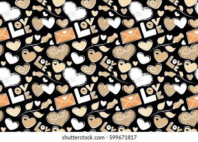 Hand drawn texture in white, beige and yellow colors on black background. Raster seamless pattern. Valentines day hearts, love text, love letter and flower.
