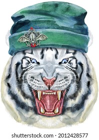 Hand Drawn Tiger In Beanie Hat. Watercolor Drawing White Tiger Head, Blue Eyes