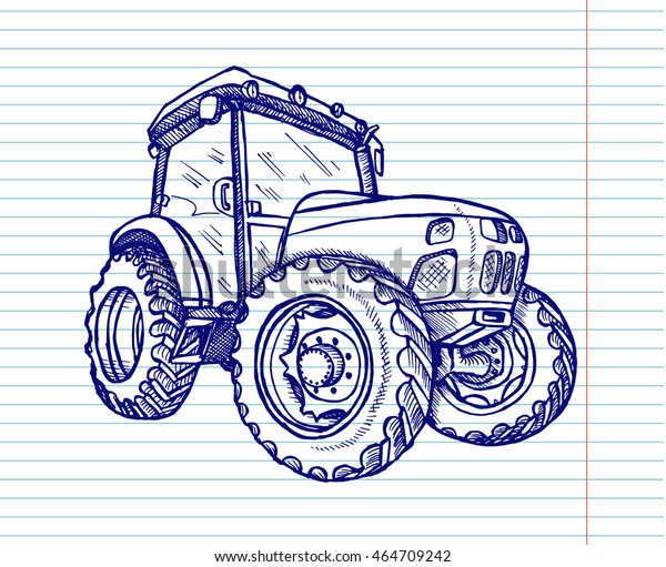 Hand drawn tractor on copybook background. \
illustration. 