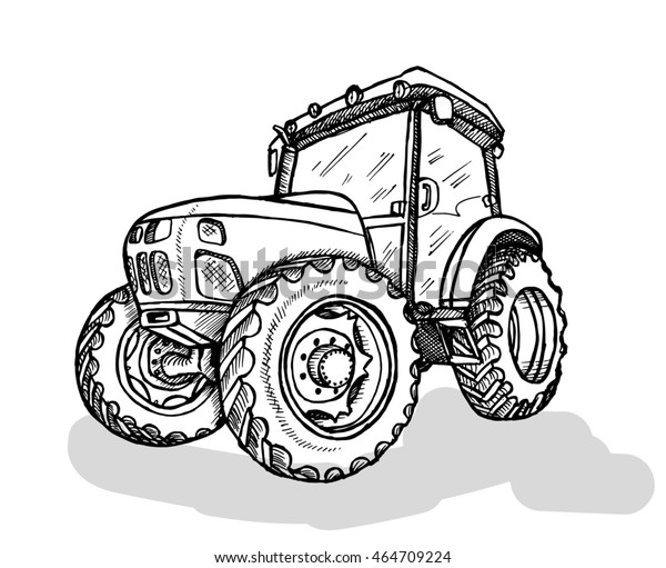 Hand\
drawn tractor on white background.  illustration.\
