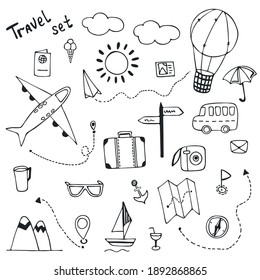 Hand Drawn Travel Doodle Set. Travel Sketch With Travel Items. Transport And Goods For The Way On White Background. Picture