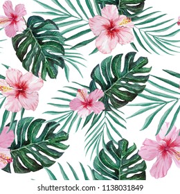 Hand drawn tropical hibiscus flowers, palm and monstera leaves seamless watercolor pattern. Botanical background. Concept for textile, wallpaper, fabric, invitation, wedding stationery design. - Powered by Shutterstock