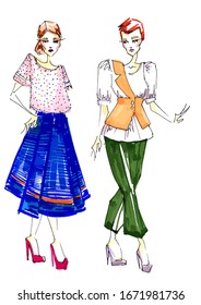 Hand Drawn Two Fashion Sketches Of Women's Clothing Colorful Dress And Pantsuit For Office. Fashion Illustration