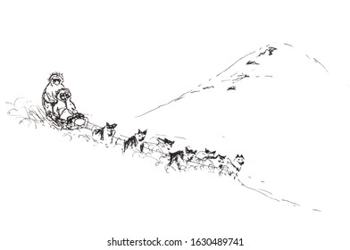 Hand drawn two men on a dog sled