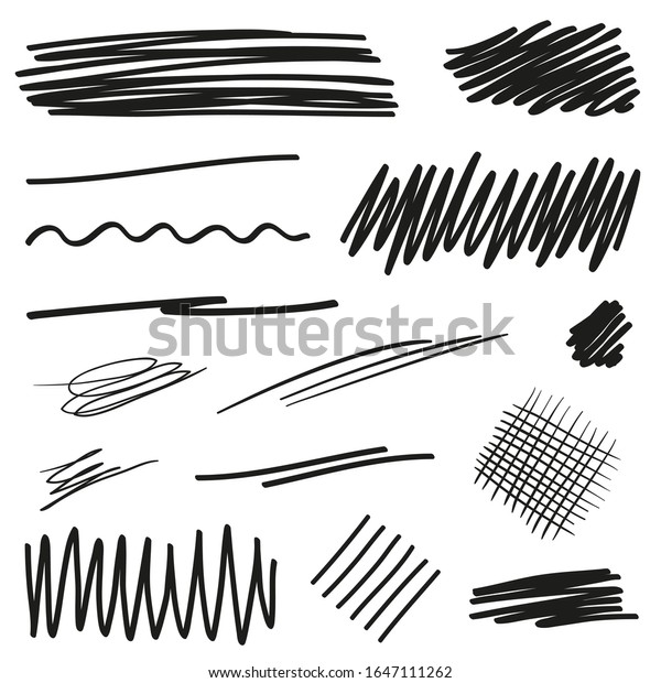 Hand drawn underline on\
white. Abstract underlines with array of lines. Stroke chaotic\
patterns. Black and white illustration. Sketchy elements for\
posters and flyers