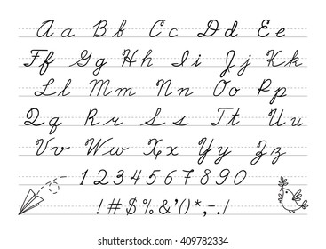 Hand drawn uppercase calligraphic alphabet and number. Cursive letters.