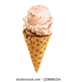 Hand drawn vanilla and chocolate ice cream in waffle cone, isolated on white background. Delicious realistic food illustration. - Shutterstock ID 1208886256