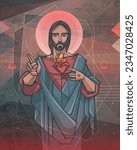 Hand drawn vector illustration or drawing of the sacred heart in Jesus
