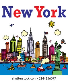 Dibujo a mano de una ilustración vectorial de la ciudad de Nueva York dibujada con un estilo infantil simplificado. Ilustración de stock
