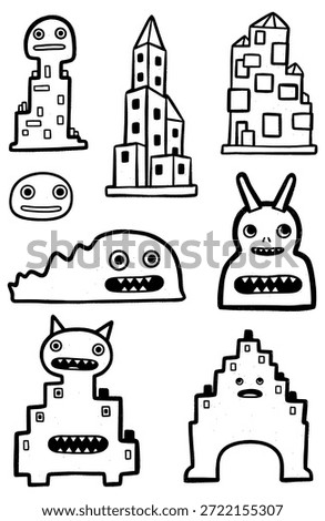 Hand drawn vector illustrations of funny grotesque creatures mixed with surreal geometric building shapes, black ink line art graphic resource collection