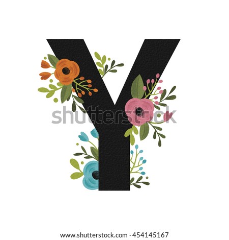 Hand drawn vector monogram of the letter Y with decorative flowers
