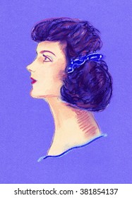 Hand Drawn Vintage Female Portrait In Pin Up Style. Brunette With Long Hair Combed Wavy, Blue Ribbon, Bow, Red Lips. Curly Dark Hair. Pretty Female Profile For Design, Pinup Calendar, Cover, Print