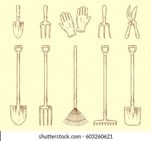 Hand Drawn Vintage Sketch Garden Tools Set