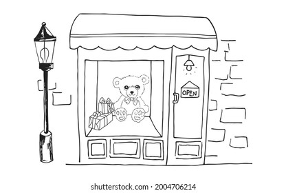 Hand Drawn Vintage Toy Store With Light Pole