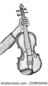 Hand Drawn Violin Stippling Art. Dot Art Of Violin. Stipple Violin Art. 