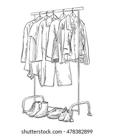 Hand drawn wardrobe sketch. Clothes and choes.