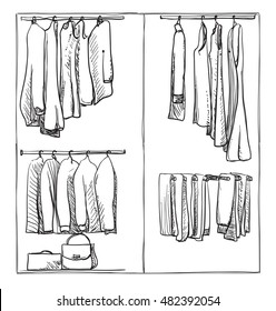 Hand drawn wardrobe sketch. Clothes of the hanger.