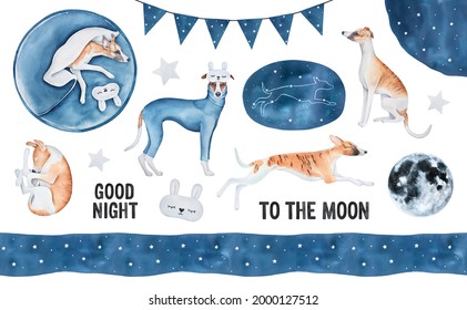 Hand Drawn Water Color Drawing Set With Cute Stylish Hound, Beautiful Stars, Romantic Moon, Cosmic Constellations, Eyemask, Bedroom Garland, Text Lettering, Starry Border, Edge And Good Night Theme.