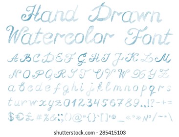 Hand drawn watercolor alphabet. Handwritten blue font isolated on white background. Contains uppercase and lowercase letters, numbers, punctuation signs and important symbols. Real watercolor texture.