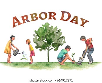 Hand drawn watercolor Arbor Day Card - Powered by Shutterstock