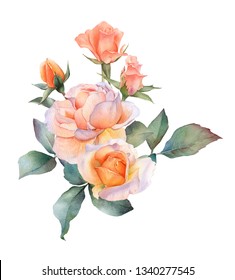 Hand drawn watercolor arrangement with picturesque tea rose flowers, rosebuds and leaves isolated on a white background. Floral botanical illustration for wedding invitations, greeting cards, patterns