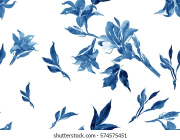 Hand Drawn Watercolor Artwork Illustration Seamless Pattern Floral Composition Cobalt Blue, Lilacs Flowers On White Background, Porcelain Chinese Style Textile Design, Nature Plants And Leaves