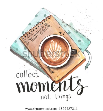 Hand drawn watercolor artwork. Painted aquarelle picture. Artist painting. Cup of cappuccino coffee on Notepad with craft paper, diary entries 