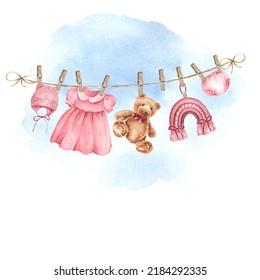 Hand Drawn Watercolor Baby Clothes On A Rope For Baby Shower