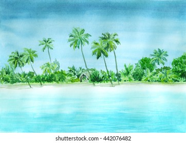 Hand Drawn Watercolor Background Of Landscape Tropical Seaside. Illustration