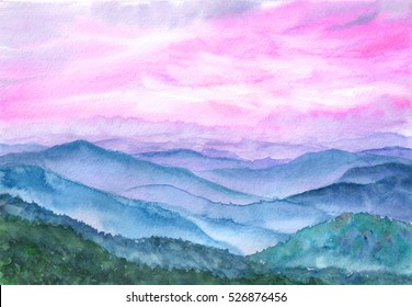 Hand drawn watercolor background. Landscape, hill, mountain, sunlight through the cloud, sky. Pink sunrise, sunset.