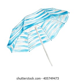 Hand Drawn Watercolor Beach Umbrella  Isolated On White Background.