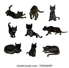 Hand drawn watercolor black cats clipart, design elements. Can be used for halloween, gothic, animal theme cards, invitations. Painted black cat silhouettes - Powered by Shutterstock