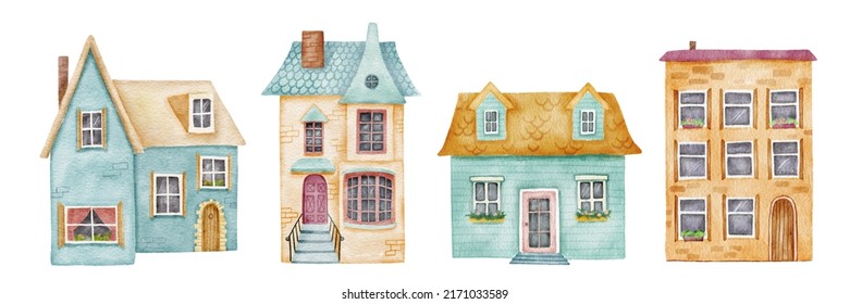 Hand Drawn Watercolor Blue Old And Cozy Small House. Set Of Cute Cottages With Chimney Isolated On White Background