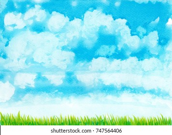 Hand Drawn Watercolor Blue Sky With White Clouds And Green  Grass Illustration, Natural Paint Background .
