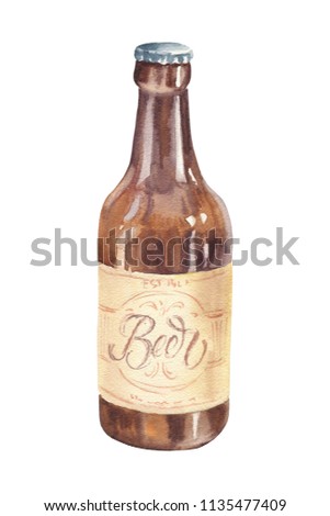 Hand drawn watercolor bottle of beer, realistic illustration isolated on white background. Drink drawing.
