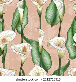 Hand Drawn Watercolor Calla Lilies. Seamless Pattern With Calla Flowers, Design Elements. Floral  Pattern For Invitations, Cards, Print, Gift Wrap, Manufacturing, Textile, Fabric, Wallpapers